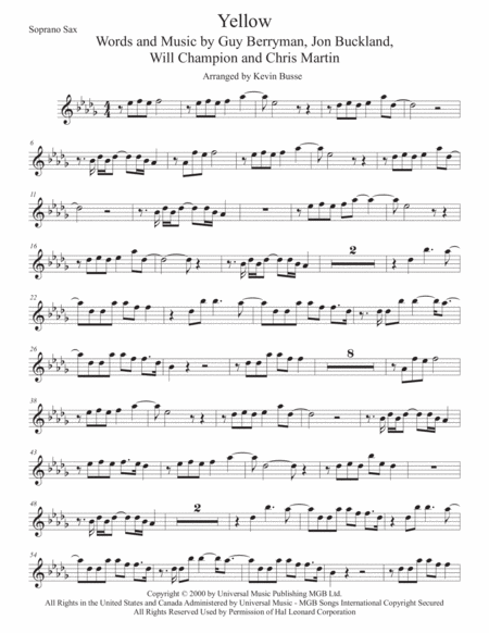 Yellow Original Key Soprano Sax Sheet Music