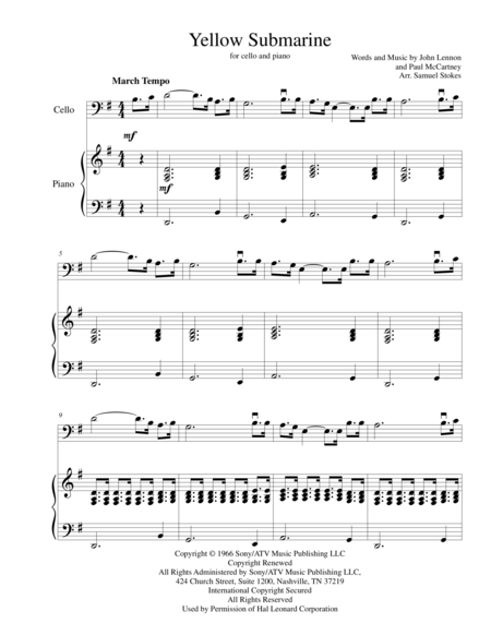 Yellow Submarine For Cello With Piano Sheet Music