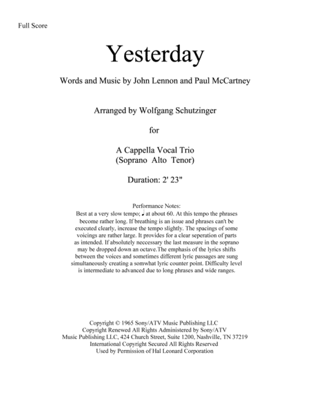 Free Sheet Music Yesterday By The Beatles Arranged By Wolfgang Schutzinger