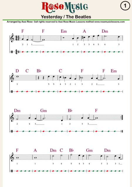 Free Sheet Music Yesterday By The Beatles Super Easy Version For Piano Accordion Or Organ