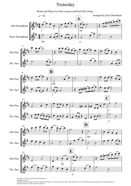 Free Sheet Music Yesterday For Alto And Tenor Saxophone Duet