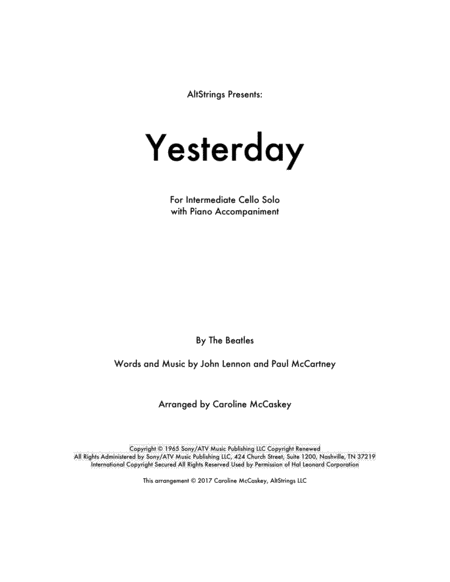 Yesterday For Cello Solo With Piano Accompaniment Sheet Music