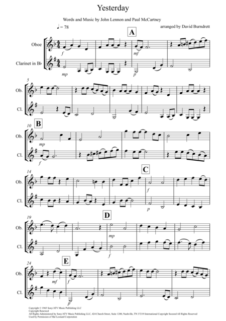 Yesterday For Oboe And Clarinet Duet Sheet Music