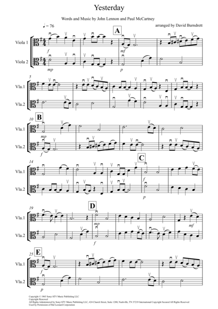 Yesterday For Viola Duet Sheet Music