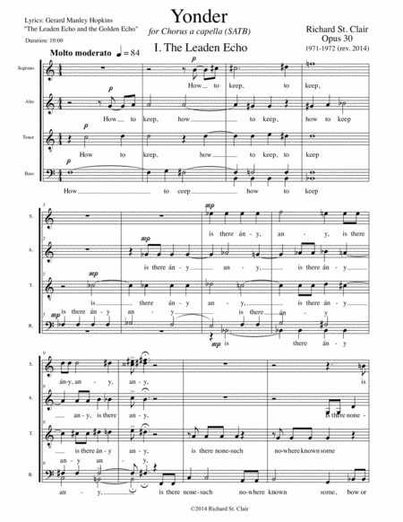 Yonder For A Capella Mixed Chorus On Gerard Manley Hopkins Poem The Leaden Echo And The Golden Echo Sheet Music