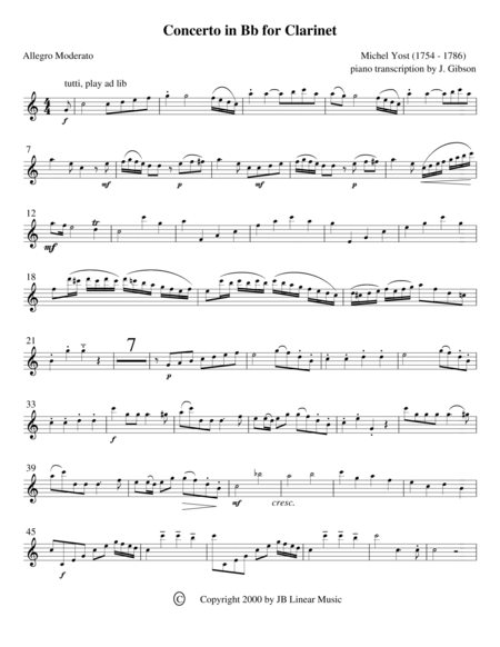 Yost Concerto In Bb For Clarinet And Piano Sheet Music