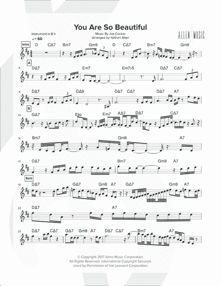 You Are So Beautiful Allen Music Bb Instruments Sheet Music