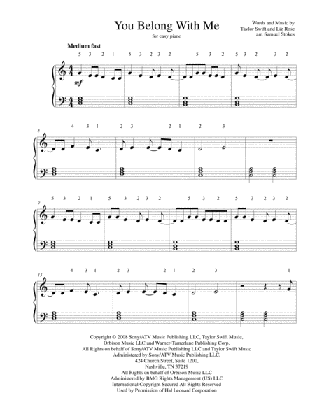 You Belong With Me For Easy Piano Sheet Music