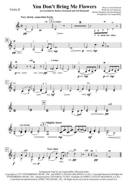 Free Sheet Music You Dont Bring Me Flowers Transcription Of The Original Recording For String Ensemble Piano Vocal Duet