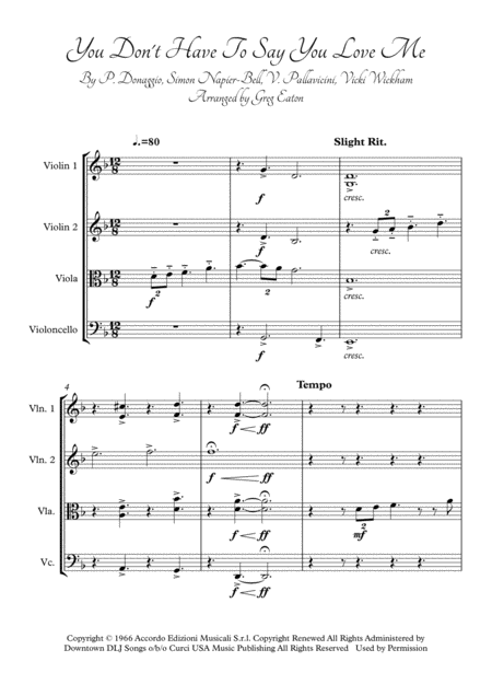 You Dont Have To Say You Love Me Arranged For String Quartet By Greg Eaton Score And Parts Perfect For Gigging Quartets Sheet Music