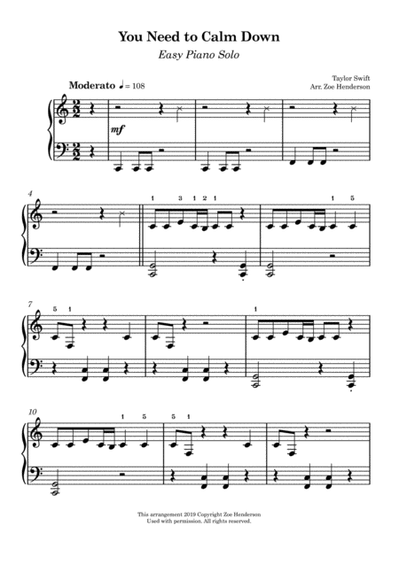 You Need To Calm Down Elementary Piano Solo Sheet Music