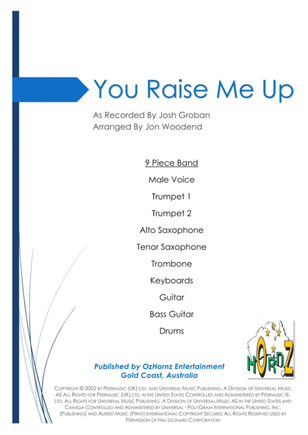 You Raise Me Up 9 Piece Chart Sheet Music