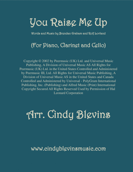 Free Sheet Music You Raise Me Up Arranged For Piano Clarinet And Optional Cello