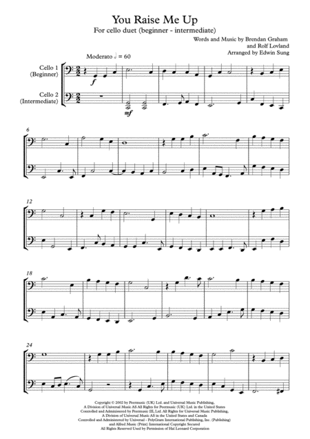 You Raise Me Up Cello Duet Grades 2 5 W Part Scores Sheet Music