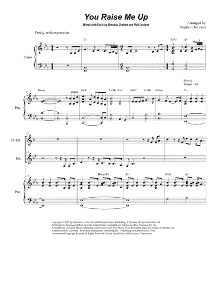 Free Sheet Music You Raise Me Up Duet For Bb Trumpet And French Horn