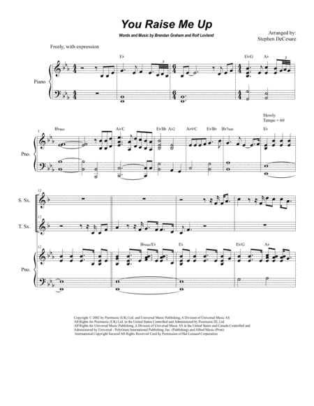 You Raise Me Up Duet For Soprano And Tenor Saxophone Sheet Music