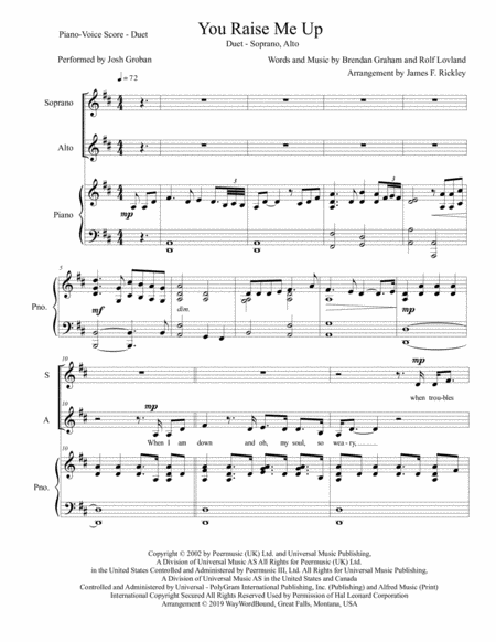 Free Sheet Music You Raise Me Up Duet Soprano Alto With Piano