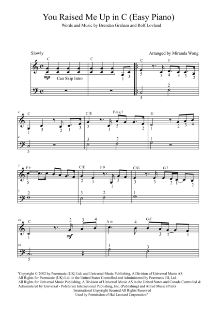 Free Sheet Music You Raise Me Up Easy Piano Solo In C Key With Fingerings