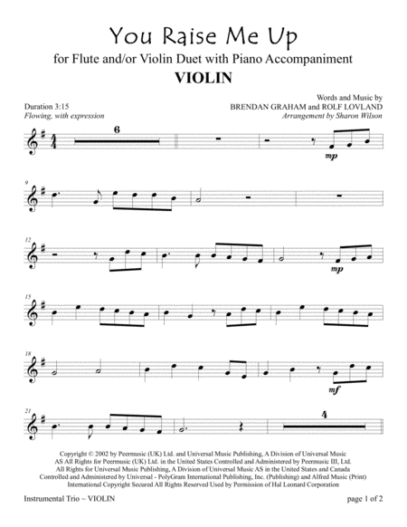 You Raise Me Up For Flute And Or Violin Duet With Piano Accompaniment Weddings Valentines Day Sheet Music