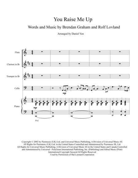 Free Sheet Music You Raise Me Up For Flute Clarinet Trumpet And Cello With Piano Accompaniment