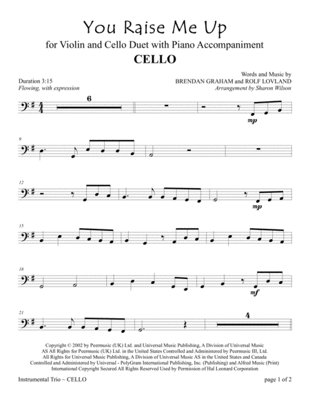 You Raise Me Up For Violin And Cello Duet With Piano Accompaniment Weddings Valentines Day Sheet Music