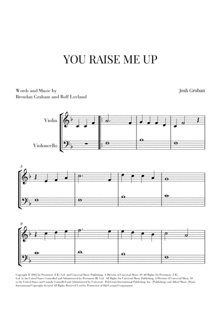 Free Sheet Music You Raise Me Up For Violin And Cello Easy