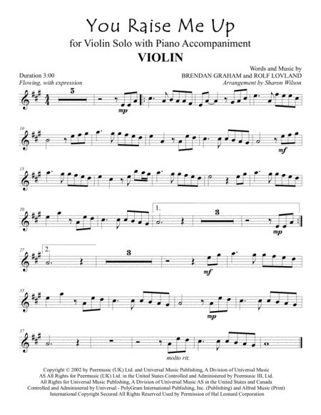 Free Sheet Music You Raise Me Up For Violin Solo With Piano Accompaniment Weddings Valentines Day