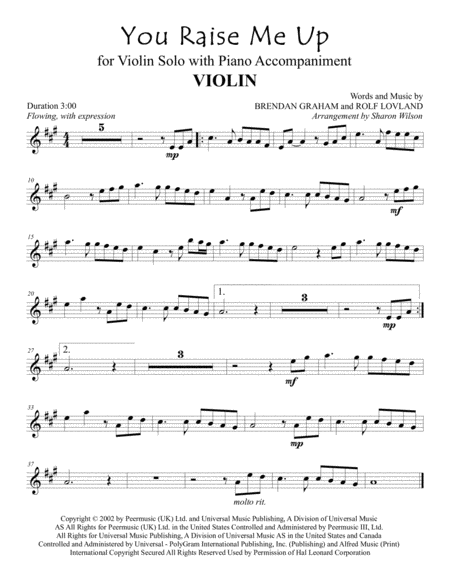 You Raise Me Up For Violin Solo With Piano Accompaniment Weddings Valentines Day Sheet Music