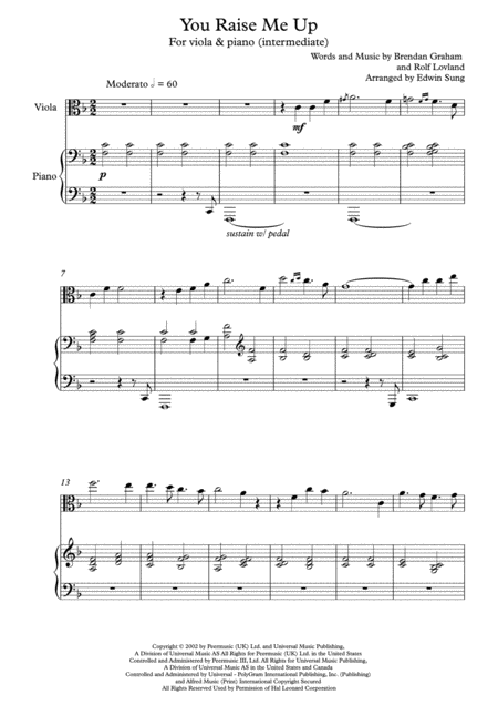 Free Sheet Music You Raise Me Up Viola And Piano Intermediate W Part Scores