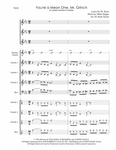 You Re A Mean One Mr Grinch For Ukulele Trio Ensemble Band Orchestra With Vocals Sheet Music