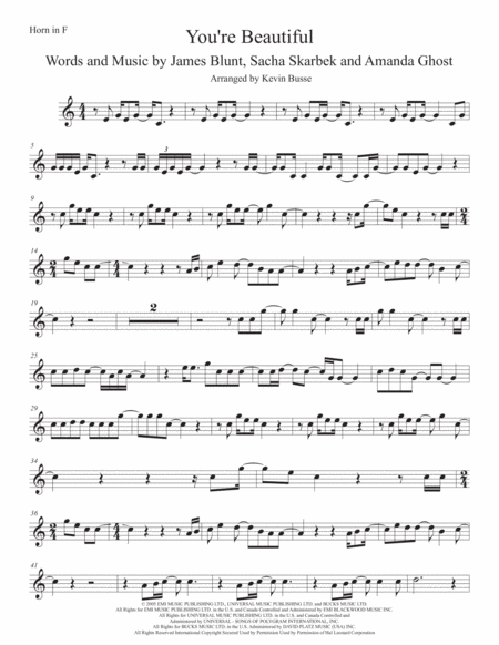 Free Sheet Music You Re Beautiful Horn In F Easy Key Of C