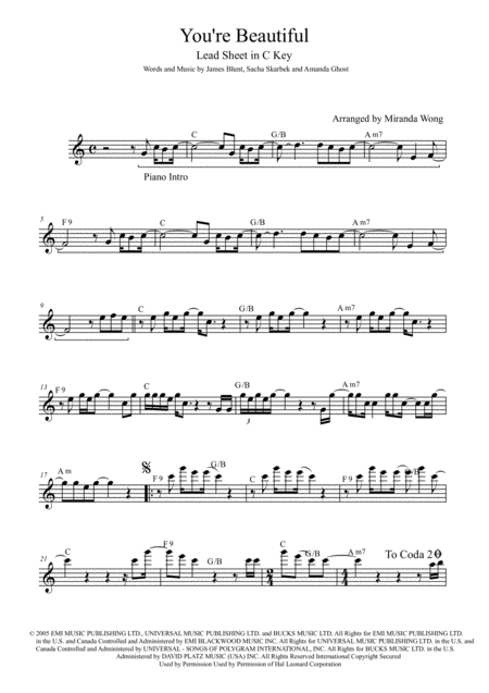 You Re Beautiful Lead Sheet In C Key With Chords Sheet Music