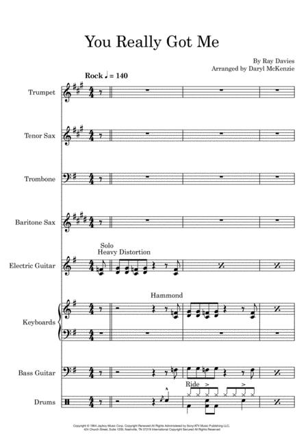 You Really Got Me Vocal With Small Band 4 Horns Key Of G Sheet Music