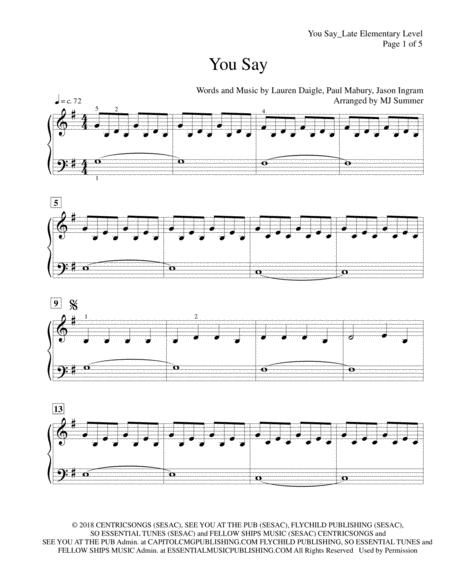 You Say Lauren Daigle Easy Piano Solo Late Elementary Level Sheet Music