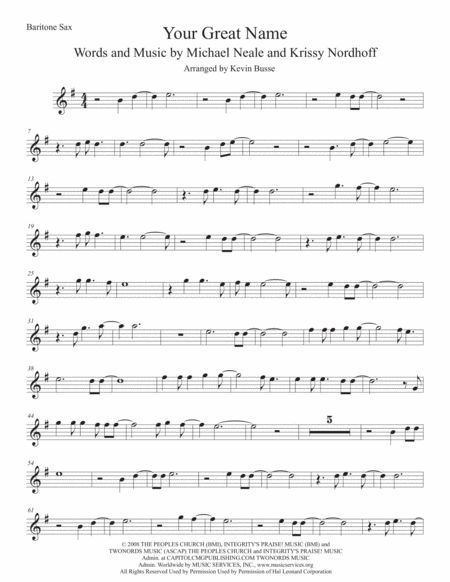 Free Sheet Music Your Great Name Original Key Bari Sax