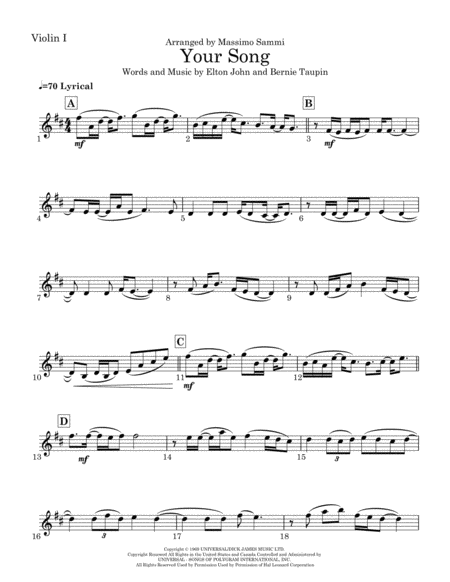 Your Song Arranged By Massimo Sammi For String Quartet Sheet Music