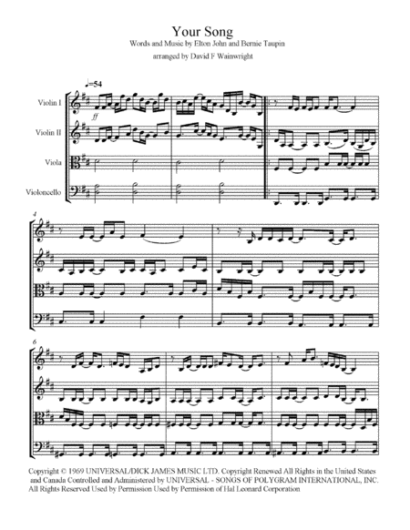 Your Song Arranged For String Quartet Score Parts With Mp3 Sheet Music