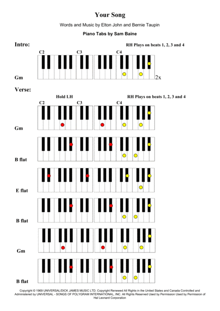 Your Song By Elton John Piano Tab Sheet Music