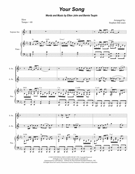 Free Sheet Music Your Song Duet For Soprano And Alto Saxophone