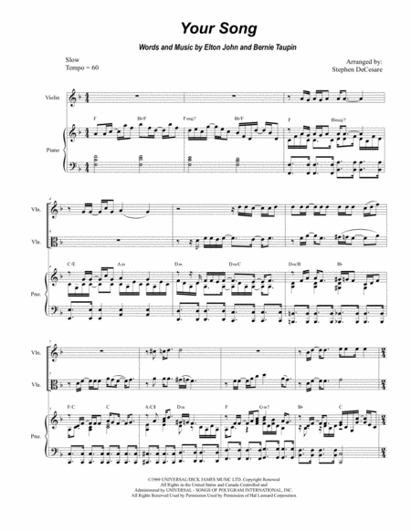 Free Sheet Music Your Song Duet For Violin And Viola