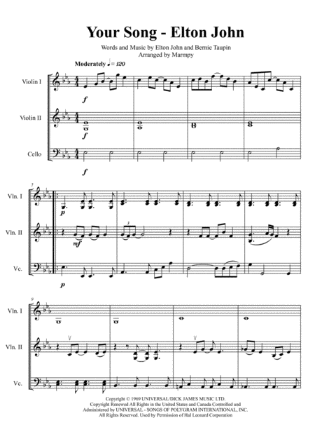 Your Song Elton John Arranged For String Trio Sheet Music