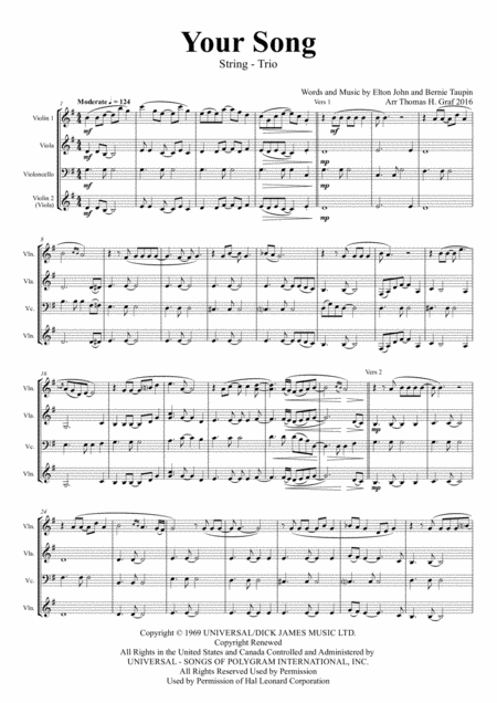 Free Sheet Music Your Song Elton John String Trio