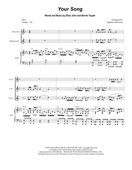 Your Song For Saxophone Quartet And Piano Sheet Music