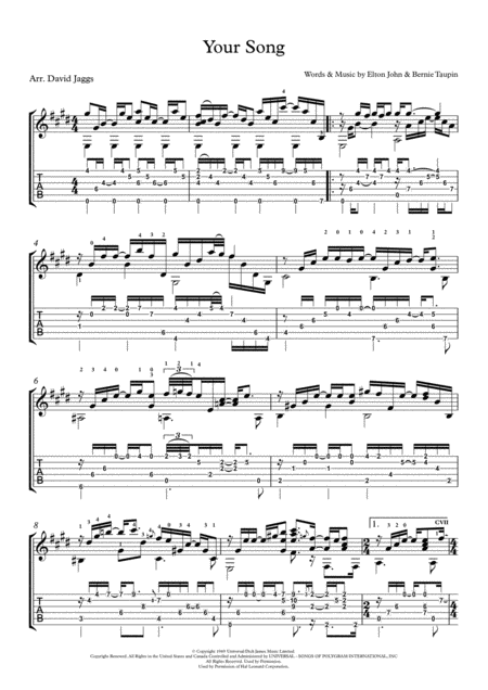 Free Sheet Music Your Song Including Tablature