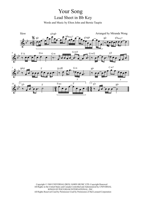 Your Song Lead Sheet In Bb Key With Chords Sheet Music