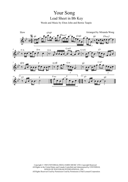 Your Song Tenor Or Soprano Saxophone Solo Concert Key Sheet Music