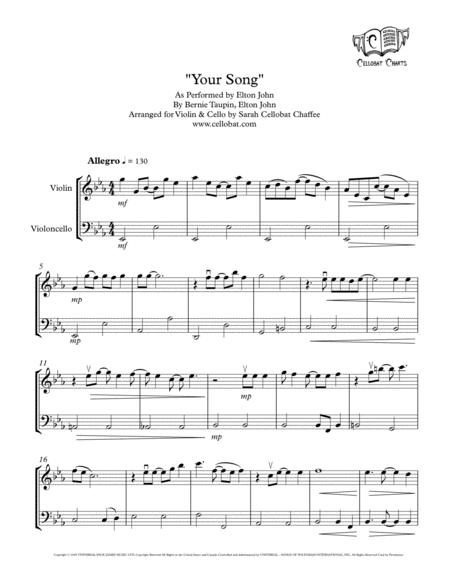 Your Song Violin Cello Duet Elton John Arr Cellobat Sheet Music