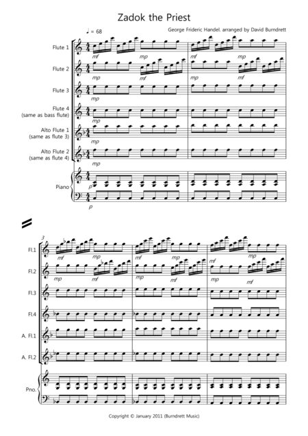 Free Sheet Music Zadok The Priest For Flute Quartet