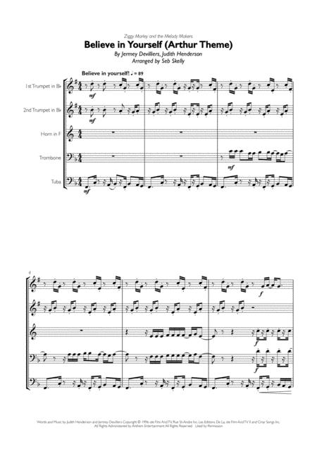 Free Sheet Music Ziggy Marley Arthur Theme Believe In Yourself For Brass Quintet