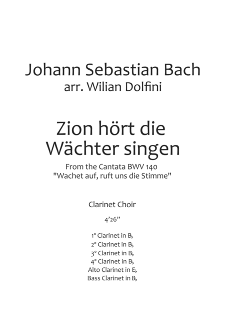 Free Sheet Music Zion Hrt Die Wchter Singen Bwv 140 Clarinet Choir
